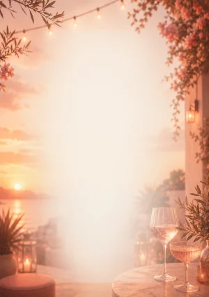 Invitație digitală aniversară Sunset Drinks, fundal premium cu apus pe terasă, pahare abstracte și tonuri piersică