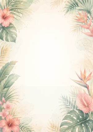 Invitație digitală aniversară Tropical Chic, fundal premium cu frunze de palmier, flori exotice și coral stins