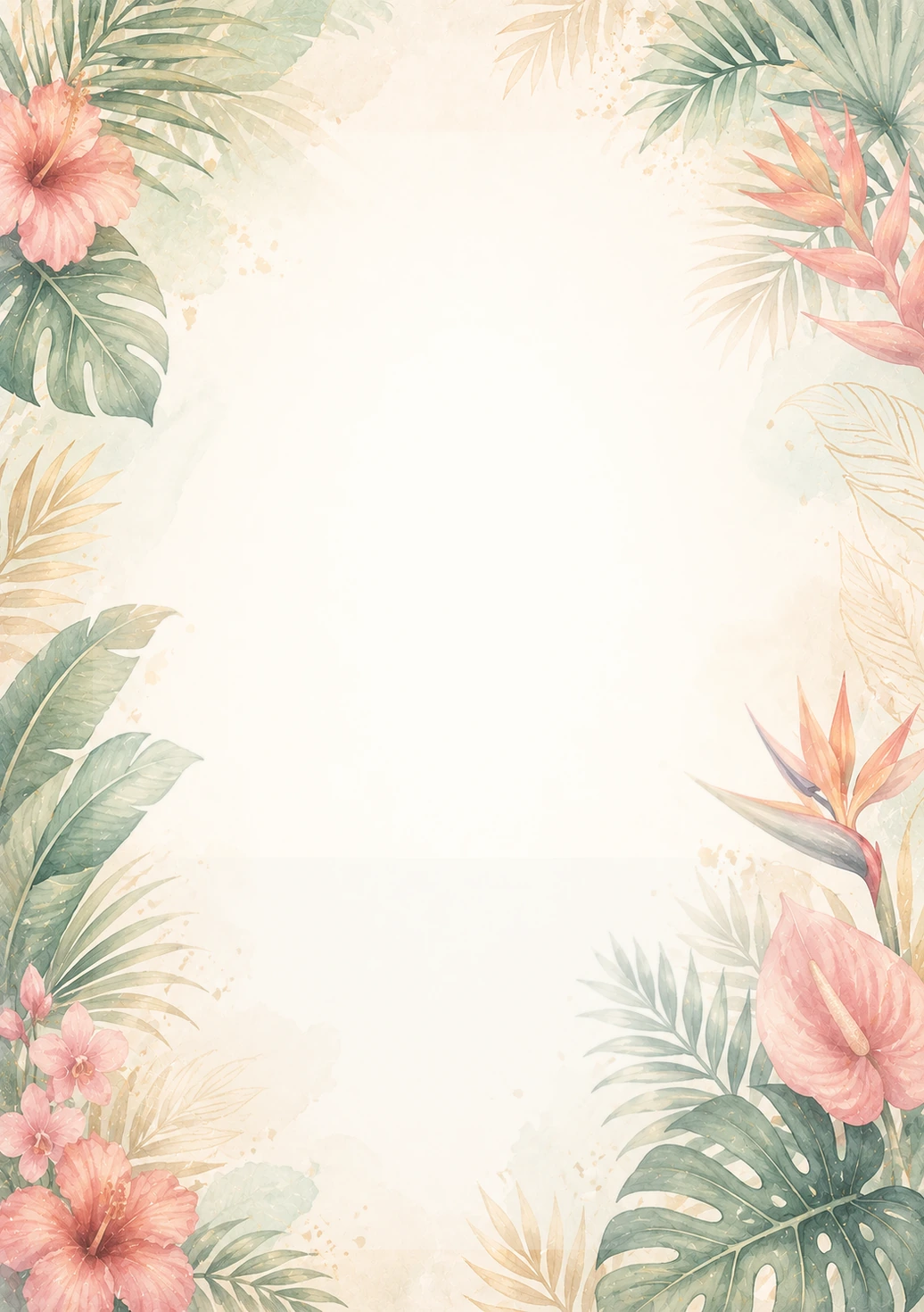 Invitație digitală aniversară Tropical Chic, fundal premium cu frunze de palmier, flori exotice și coral stins