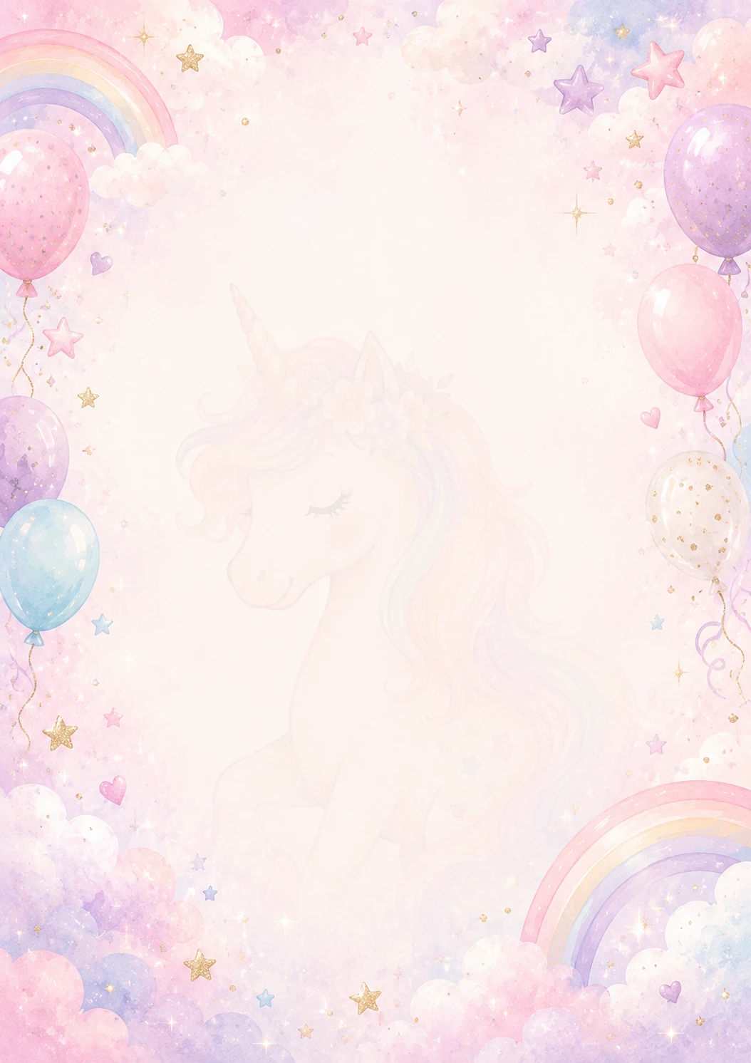Invitație digitală de zi de naștere Unicorn Magic, fundal pastel cu unicorn delicat, curcubeu pal și nori pastel