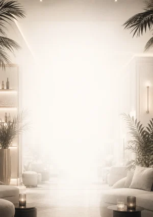 Invitație digitală aniversară White Lounge, fundal premium cu interior lounge estompat, alb cald și accente negre fine