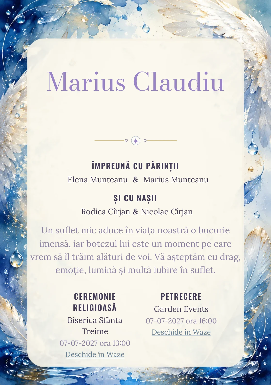 Invitație digitală de botez Aripi de Rouă, fundal cu aripi fine, pene delicate, picături de rouă și nuanțe bleu pudrat și centru luminos pentru text