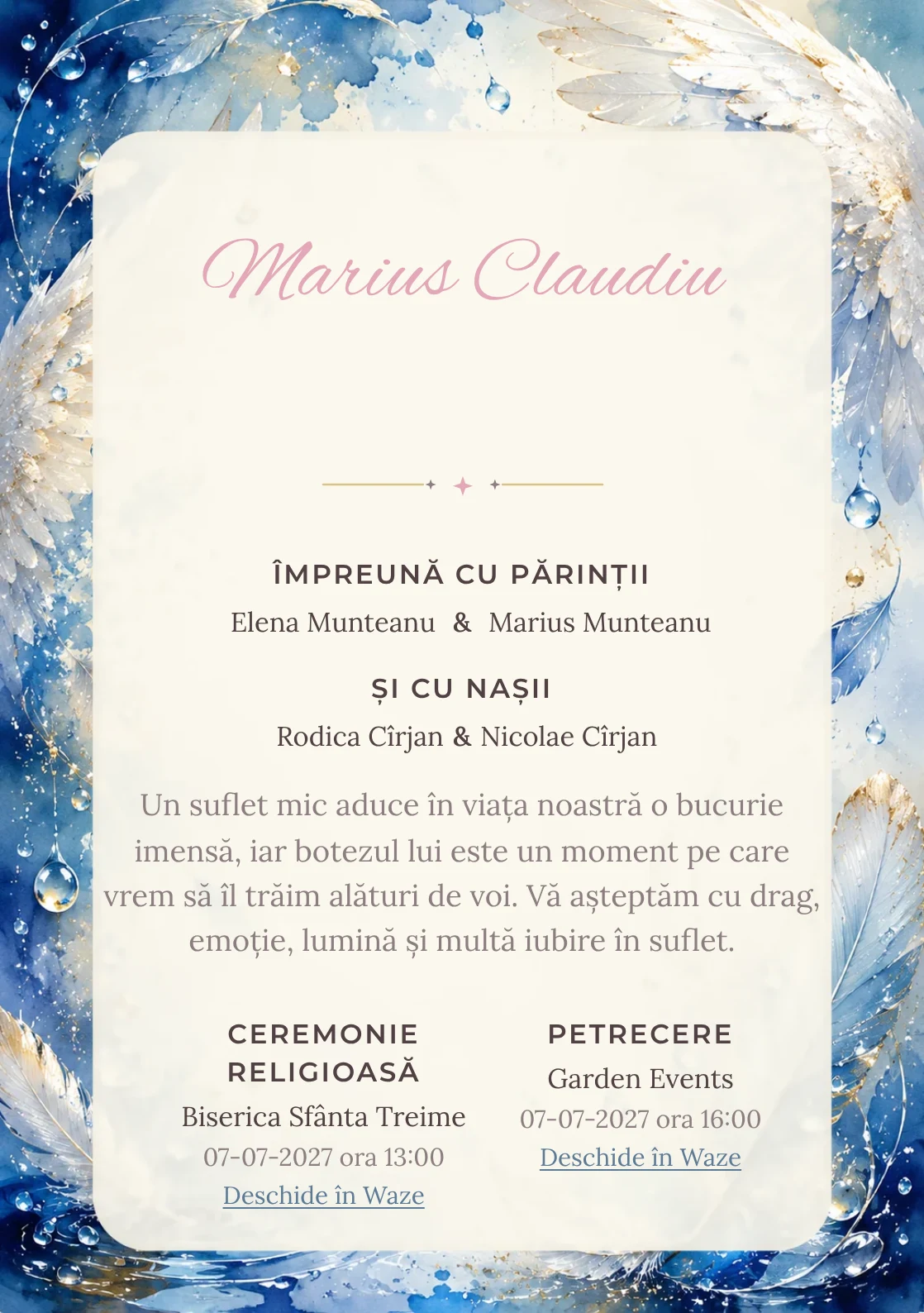 Invitație digitală de botez Aripi de Rouă, fundal cu aripi fine, pene delicate, picături de rouă și nuanțe bleu pudrat și centru luminos pentru text