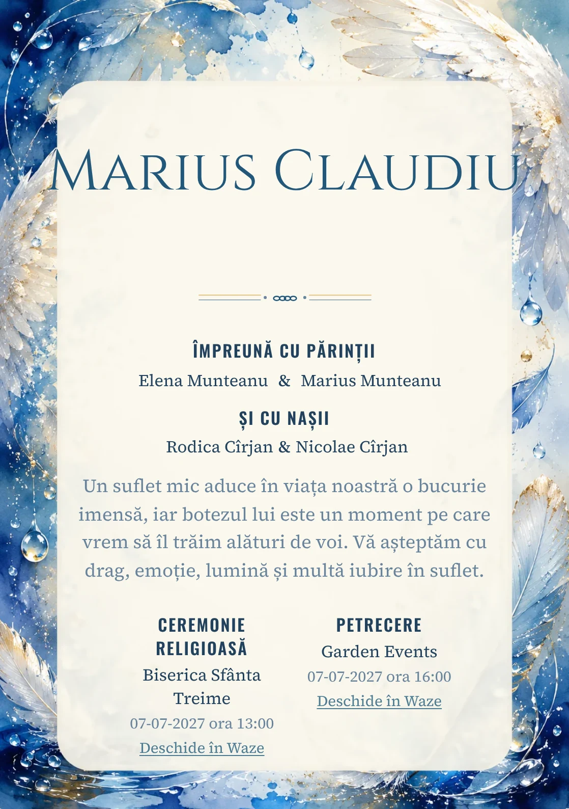 Invitație digitală de botez Aripi de Rouă, fundal cu aripi fine, pene delicate, picături de rouă și nuanțe bleu pudrat și centru luminos pentru text