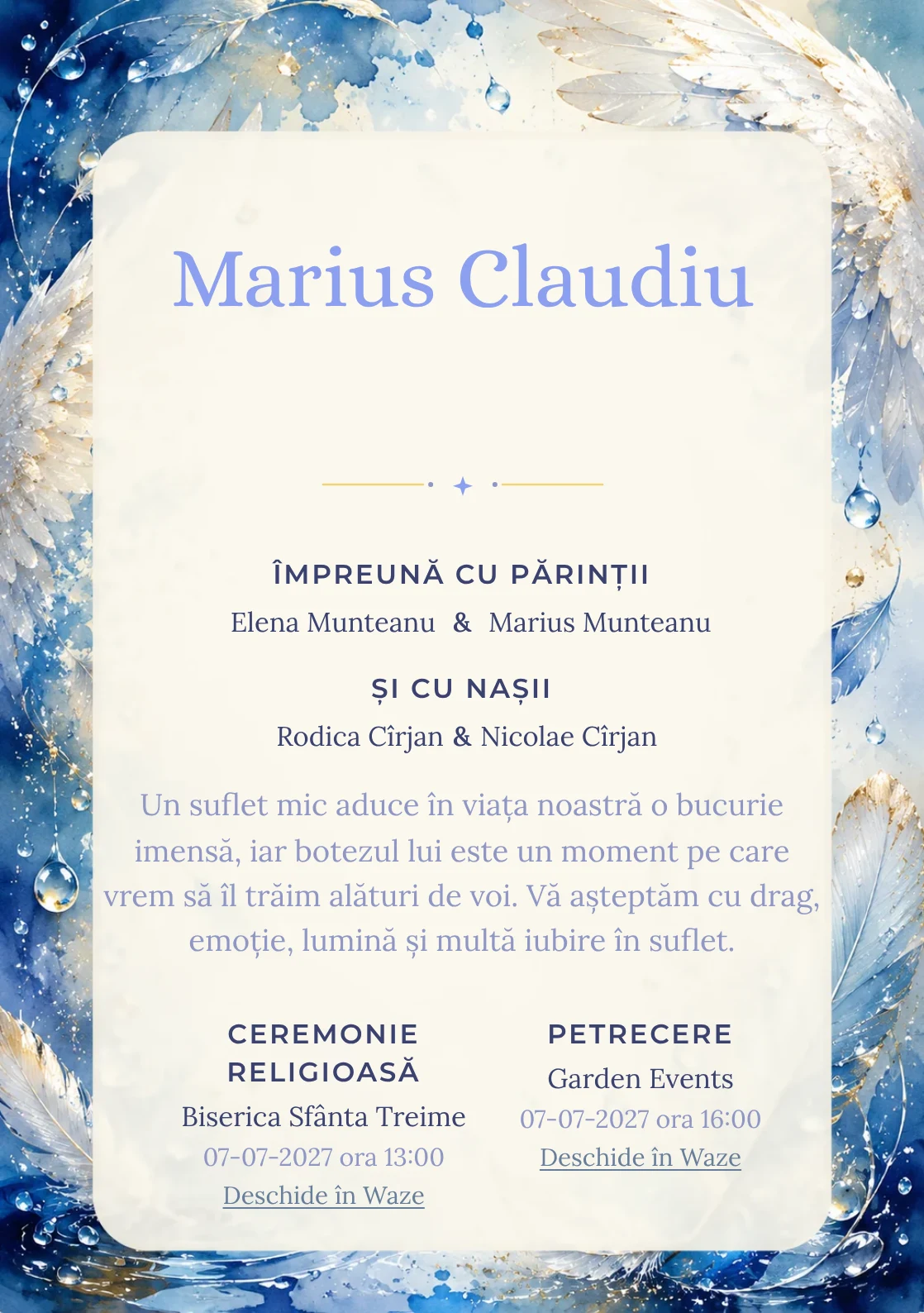 Invitație digitală de botez Aripi de Rouă, fundal cu aripi fine, pene delicate, picături de rouă și nuanțe bleu pudrat și centru luminos pentru text