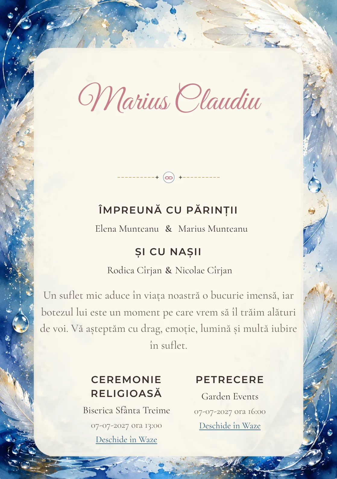 Invitație digitală de botez Aripi de Rouă, fundal cu aripi fine, pene delicate, picături de rouă și nuanțe bleu pudrat și centru luminos pentru text