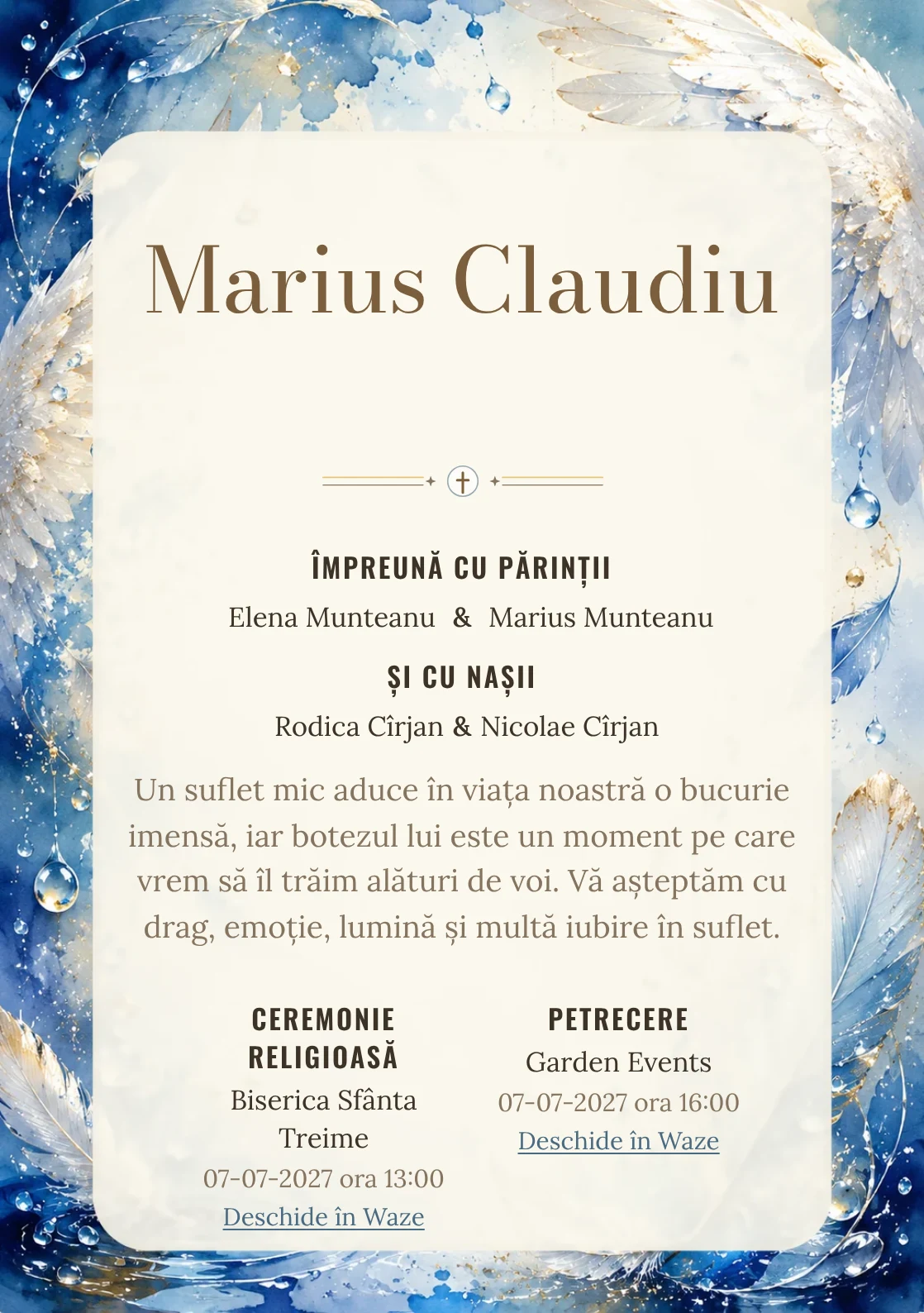 Invitație digitală de botez Aripi de Rouă, fundal cu aripi fine, pene delicate, picături de rouă și nuanțe bleu pudrat și centru luminos pentru text