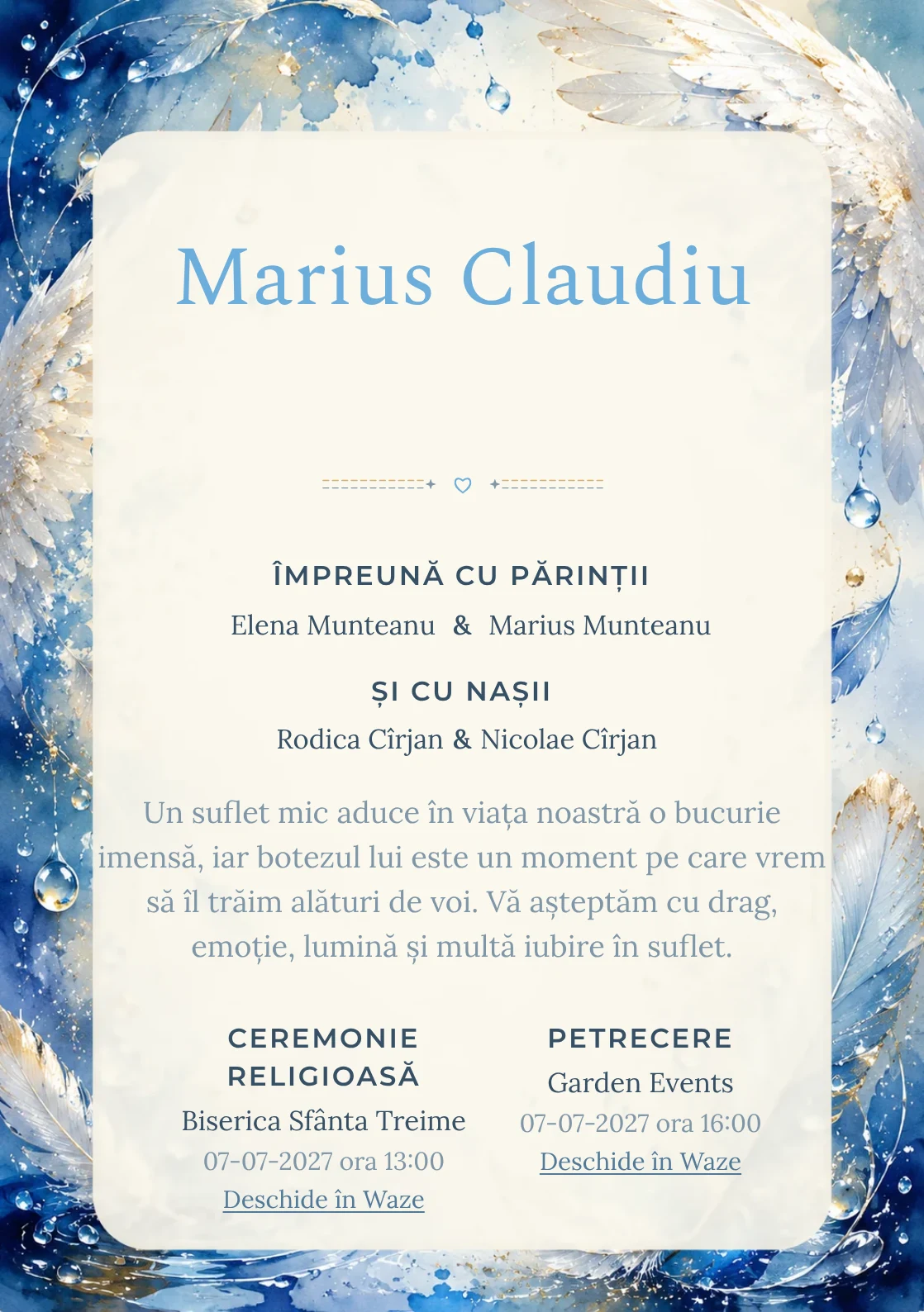 Invitație digitală de botez Aripi de Rouă, fundal cu aripi fine, pene delicate, picături de rouă și nuanțe bleu pudrat și centru luminos pentru text