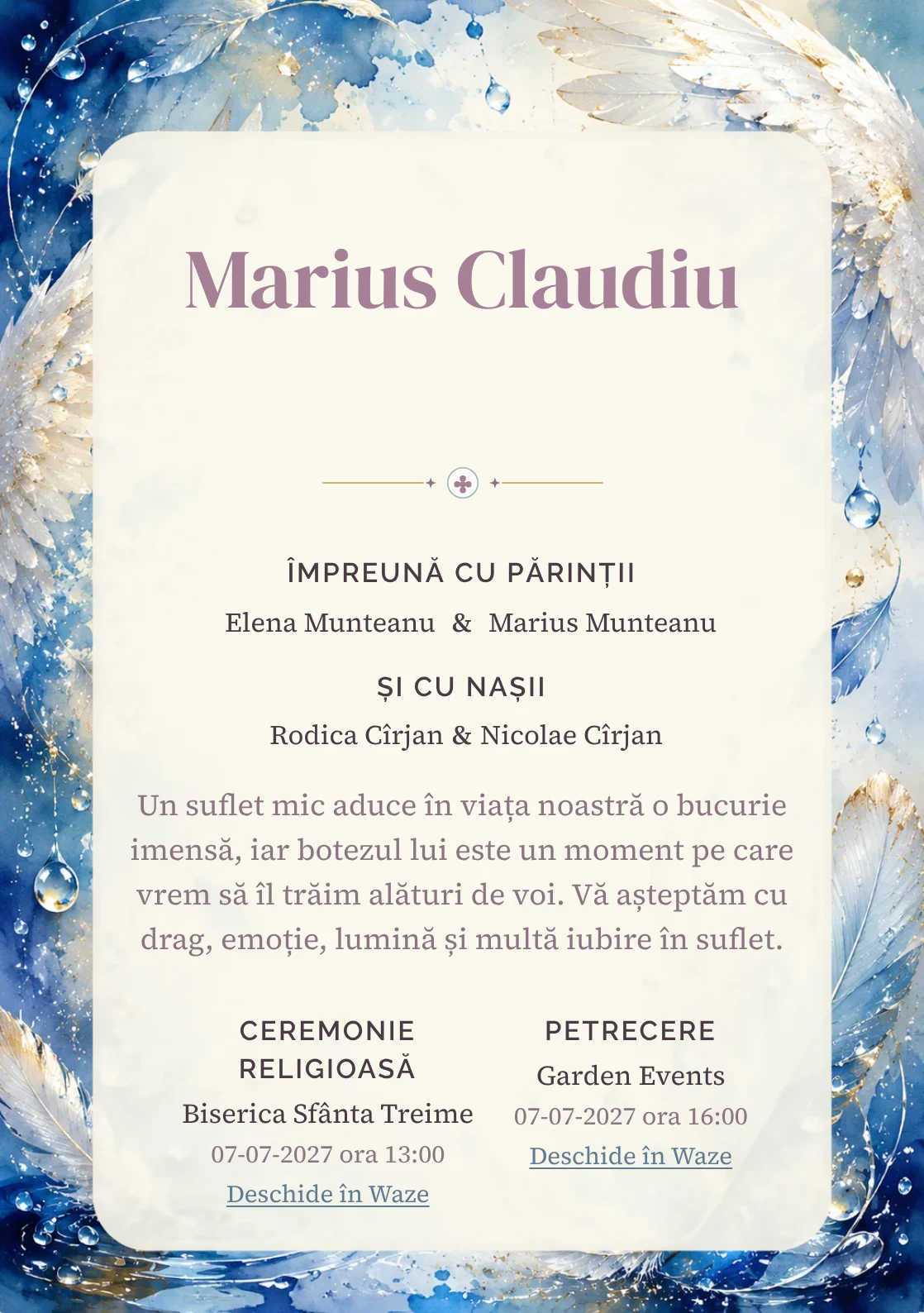 Invitație digitală de botez Aripi de Rouă, fundal cu aripi fine, pene delicate, picături de rouă și nuanțe bleu pudrat și centru luminos pentru text