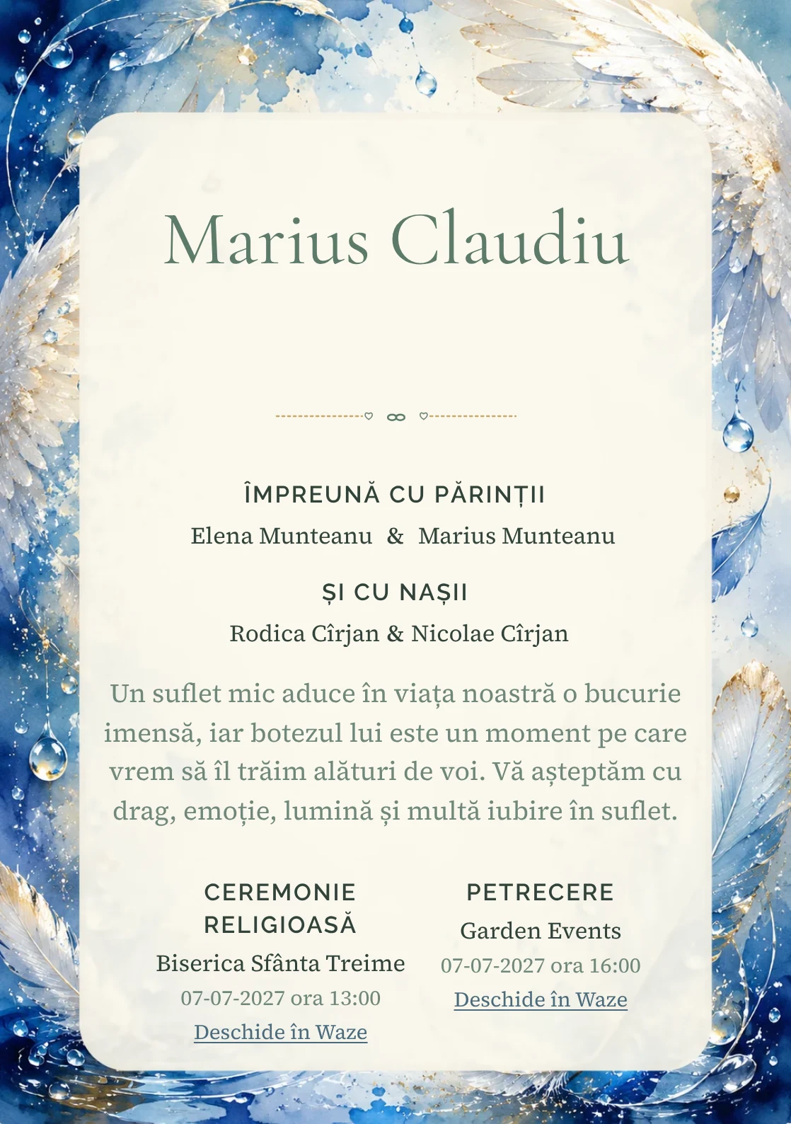 Invitație digitală de botez Aripi de Rouă, fundal cu aripi fine, pene delicate, picături de rouă și nuanțe bleu pudrat și centru luminos pentru text