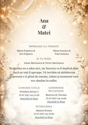 Invitație digitală de nuntă Auriu de Seară, fundal aurie de seară, potrivit pentru pachetele Basic și Premium
