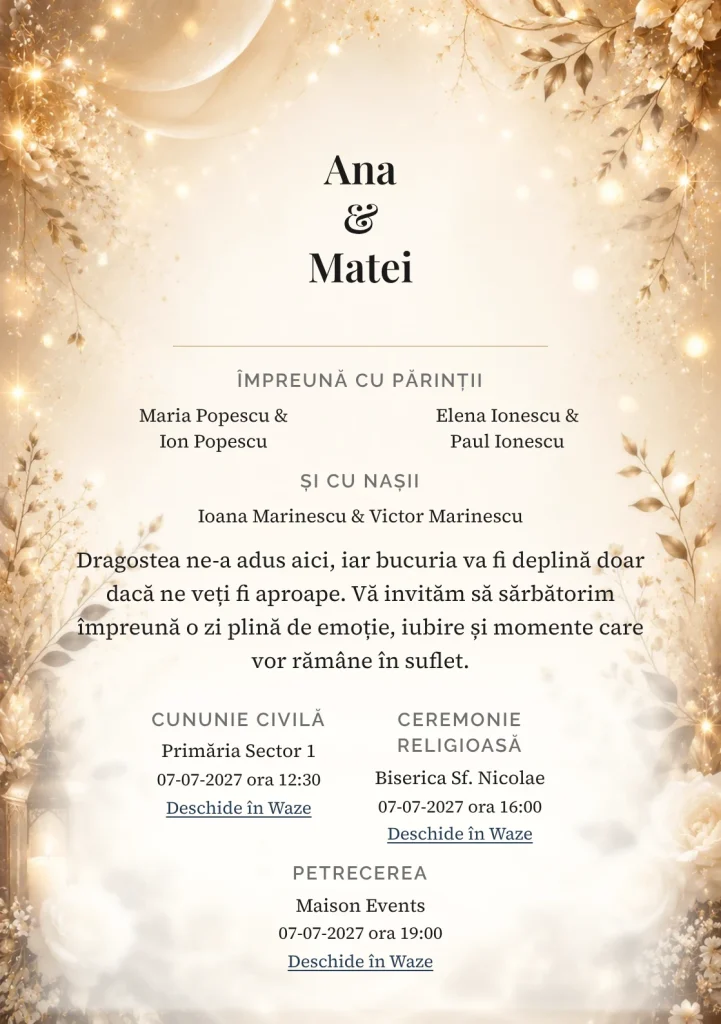 Auriu de Seară, pentru o invitație de nuntă, pune accent pe lumini de seară, alături de tonuri de auriu pal, champagne și mocha.