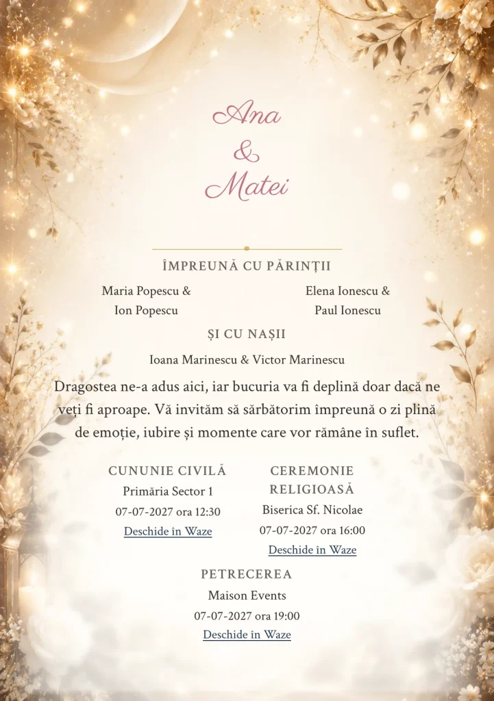 Auriu de Seară, pentru o invitație de nuntă, pune accent pe lumini de seară, alături de tonuri de auriu pal, champagne și mocha.