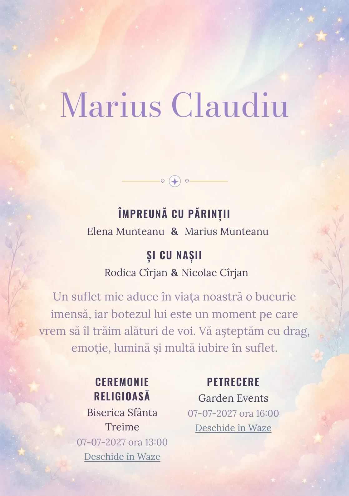Invitație digitală de botez Aurora Copilăriei, fundal cu auroră pastel, piersică, roz-lila, bleu pal, nori moi și stele estompate și centru luminos pentru text