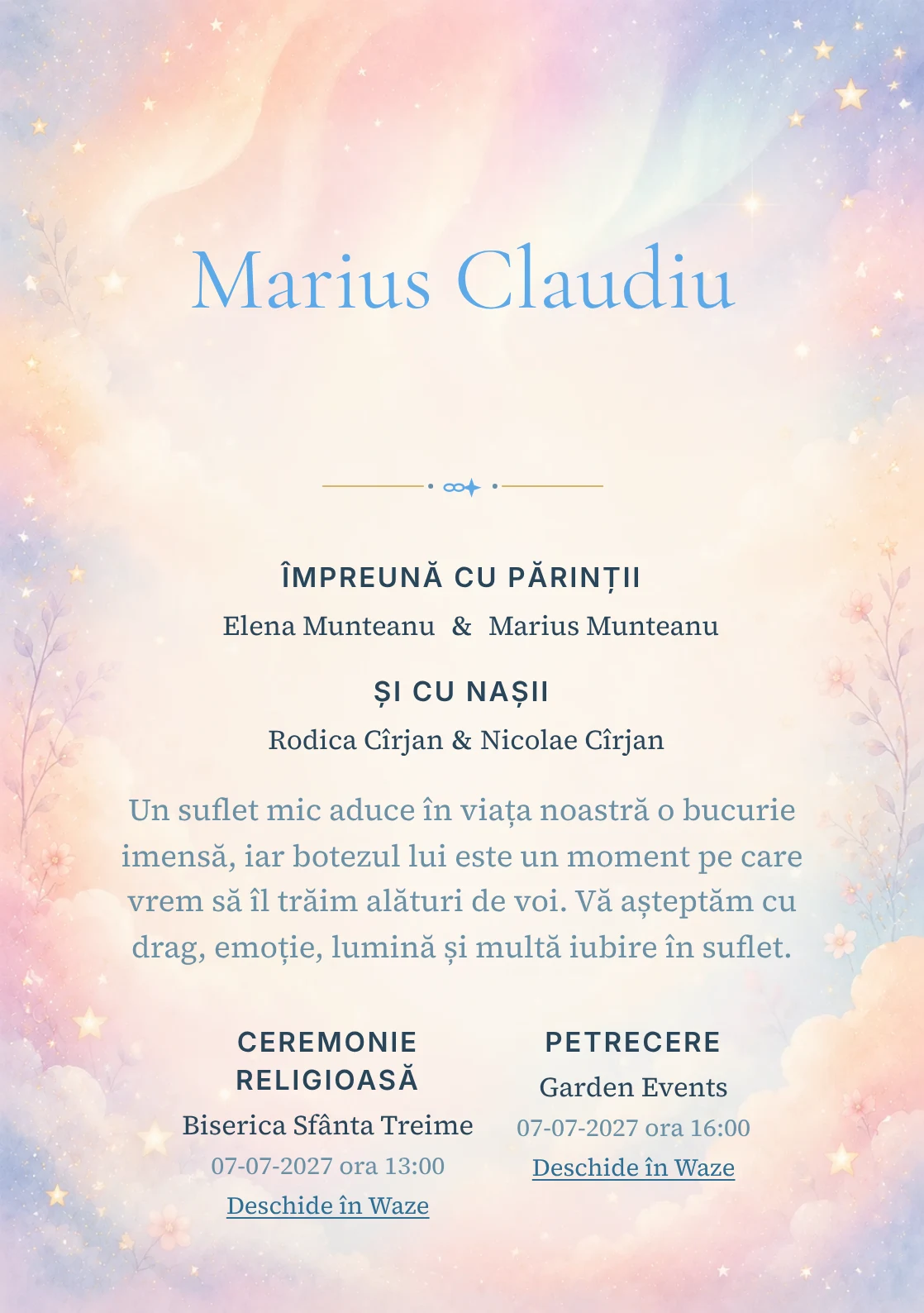 Invitație digitală de botez Aurora Copilăriei, fundal cu auroră pastel, piersică, roz-lila, bleu pal, nori moi și stele estompate și centru luminos pentru text