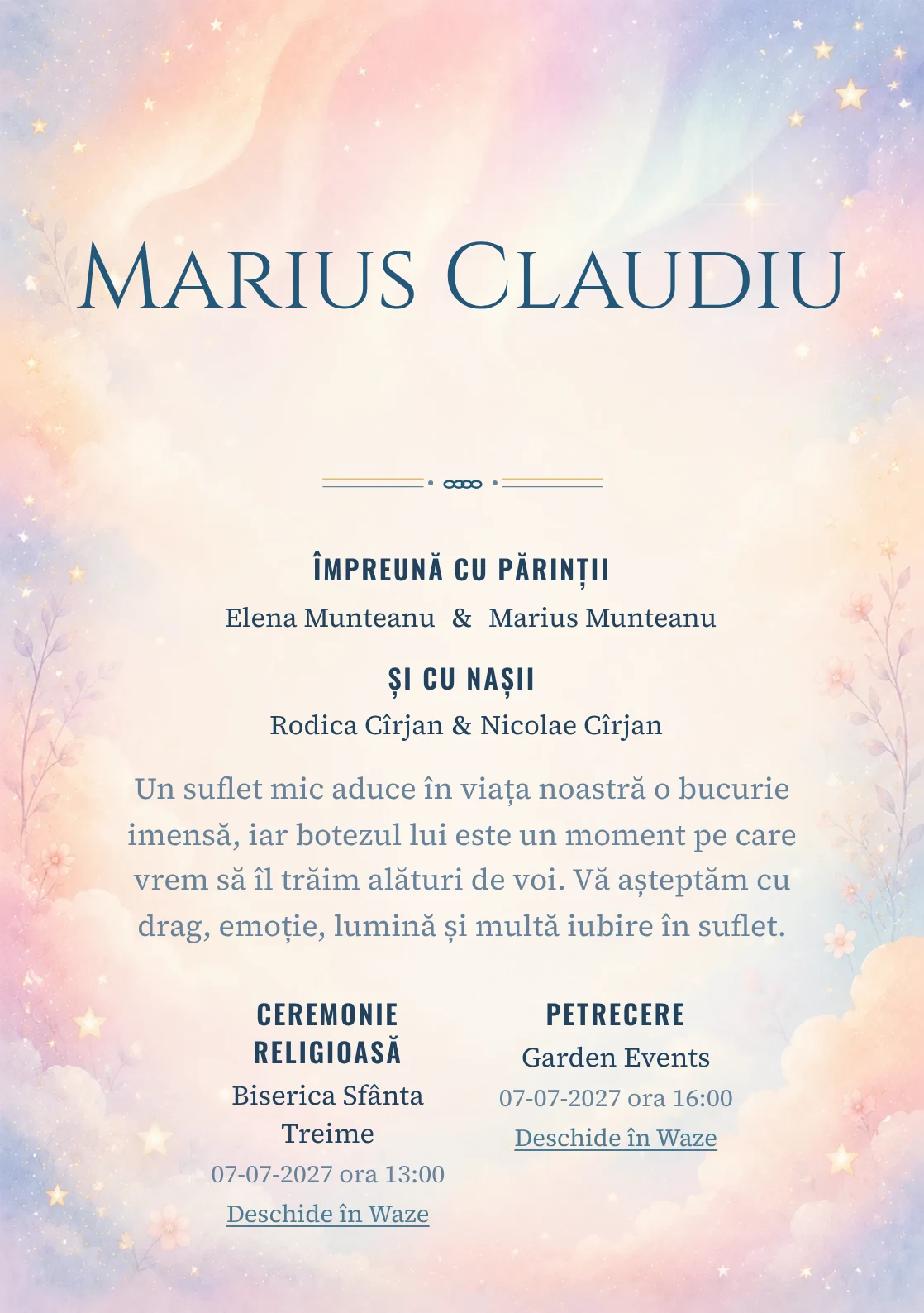 Invitație digitală de botez Aurora Copilăriei, fundal cu auroră pastel, piersică, roz-lila, bleu pal, nori moi și stele estompate și centru luminos pentru text
