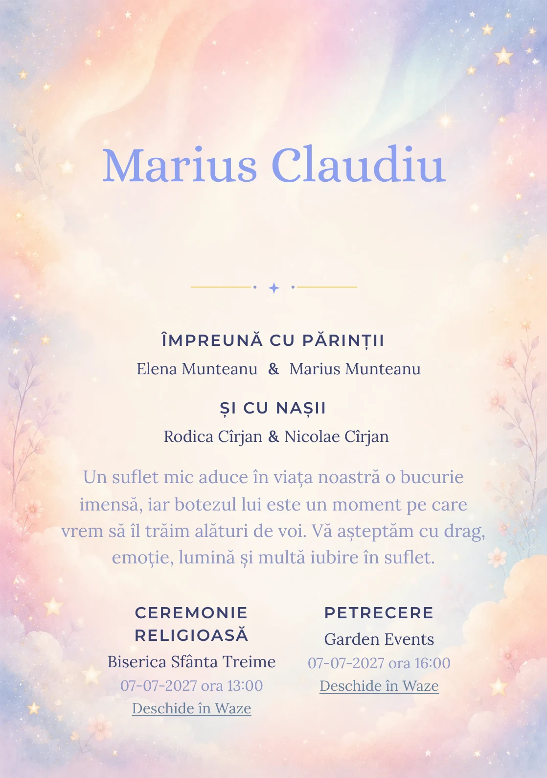 Invitație digitală de botez Aurora Copilăriei, fundal cu auroră pastel, piersică, roz-lila, bleu pal, nori moi și stele estompate și centru luminos pentru text