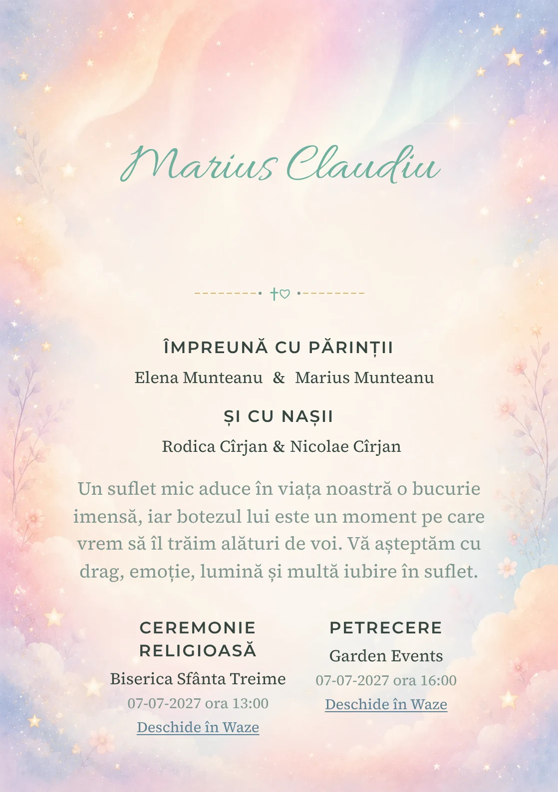 Invitație digitală de botez Aurora Copilăriei, fundal cu auroră pastel, piersică, roz-lila, bleu pal, nori moi și stele estompate și centru luminos pentru text