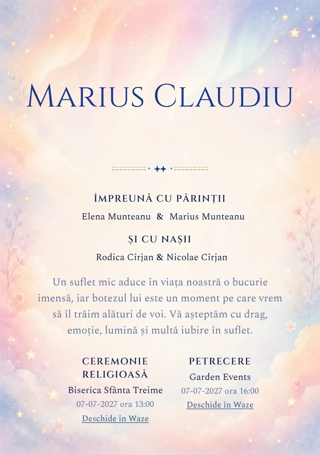Invitație digitală de botez Aurora Copilăriei, fundal cu auroră pastel, piersică, roz-lila, bleu pal, nori moi și stele estompate și centru luminos pentru text