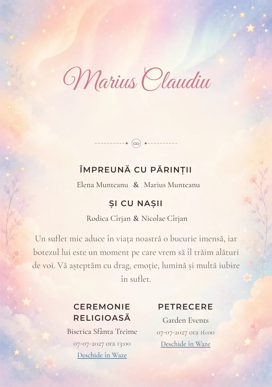 Invitație digitală de botez Aurora Copilăriei, fundal cu auroră pastel, piersică, roz-lila, bleu pal, nori moi și stele estompate și centru luminos pentru text