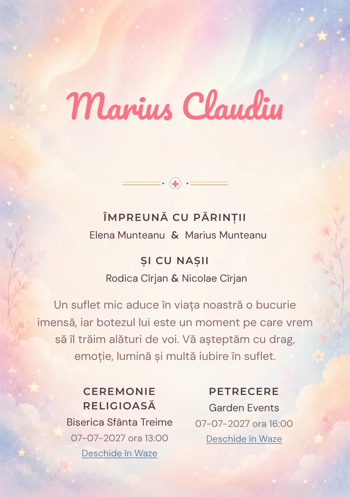 Invitație digitală de botez Aurora Copilăriei, fundal cu auroră pastel, piersică, roz-lila, bleu pal, nori moi și stele estompate și centru luminos pentru text