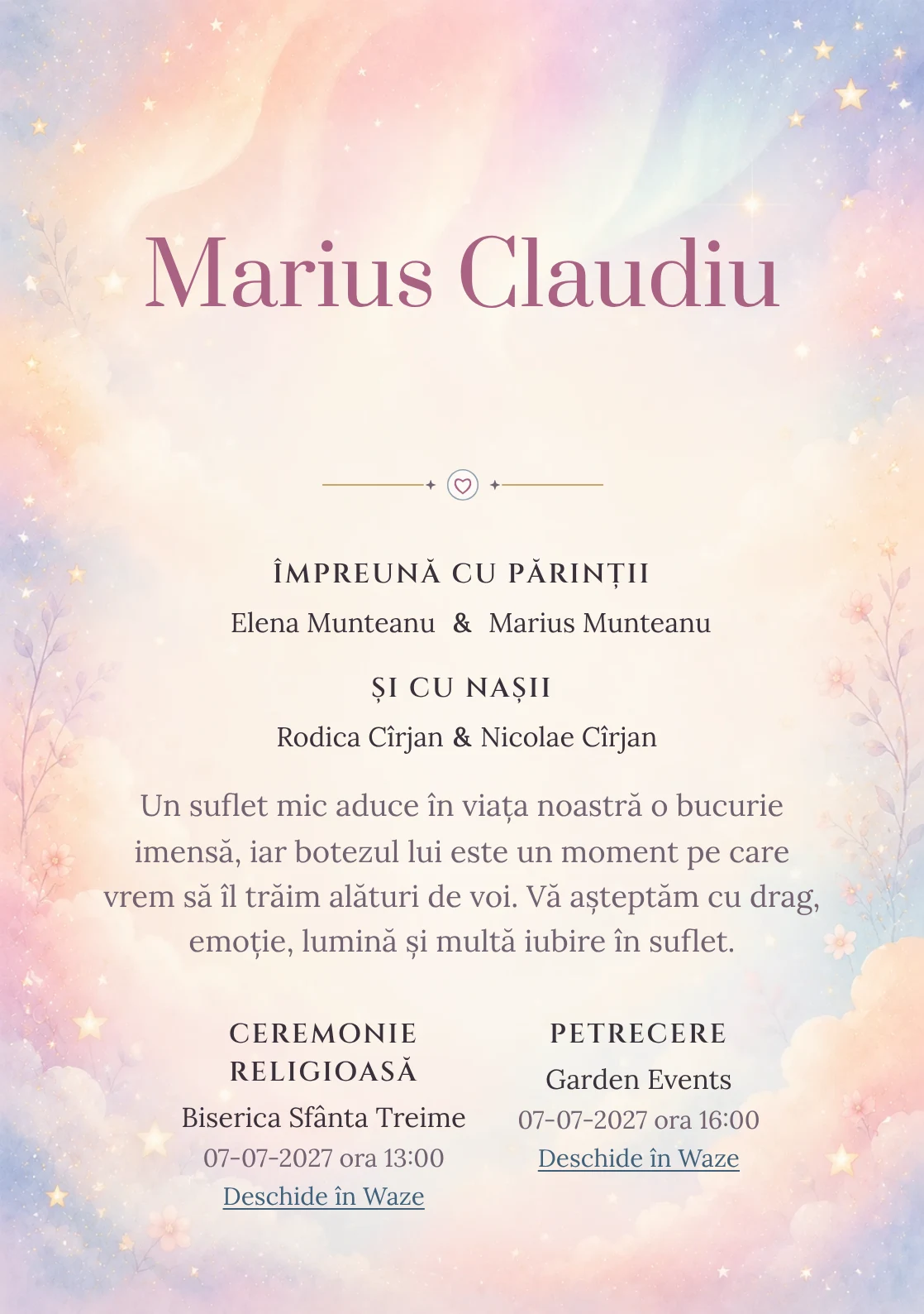 Invitație digitală de botez Aurora Copilăriei, fundal cu auroră pastel, piersică, roz-lila, bleu pal, nori moi și stele estompate și centru luminos pentru text
