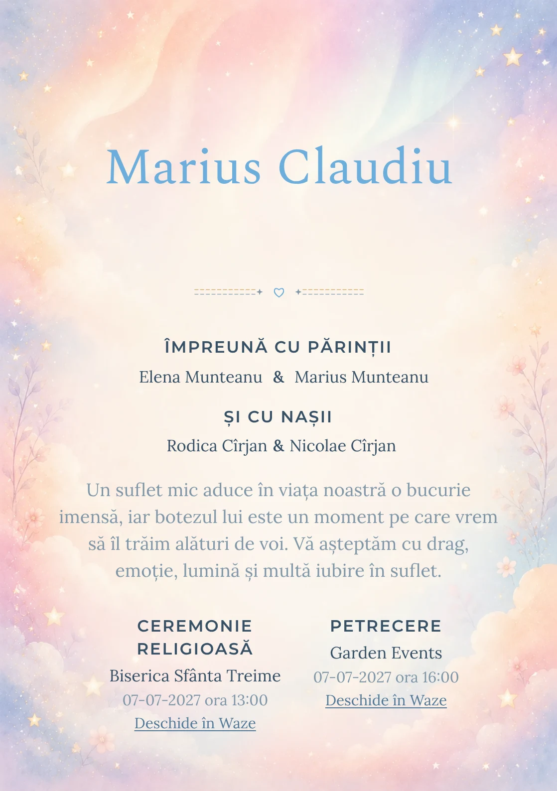 Invitație digitală de botez Aurora Copilăriei, fundal cu auroră pastel, piersică, roz-lila, bleu pal, nori moi și stele estompate și centru luminos pentru text
