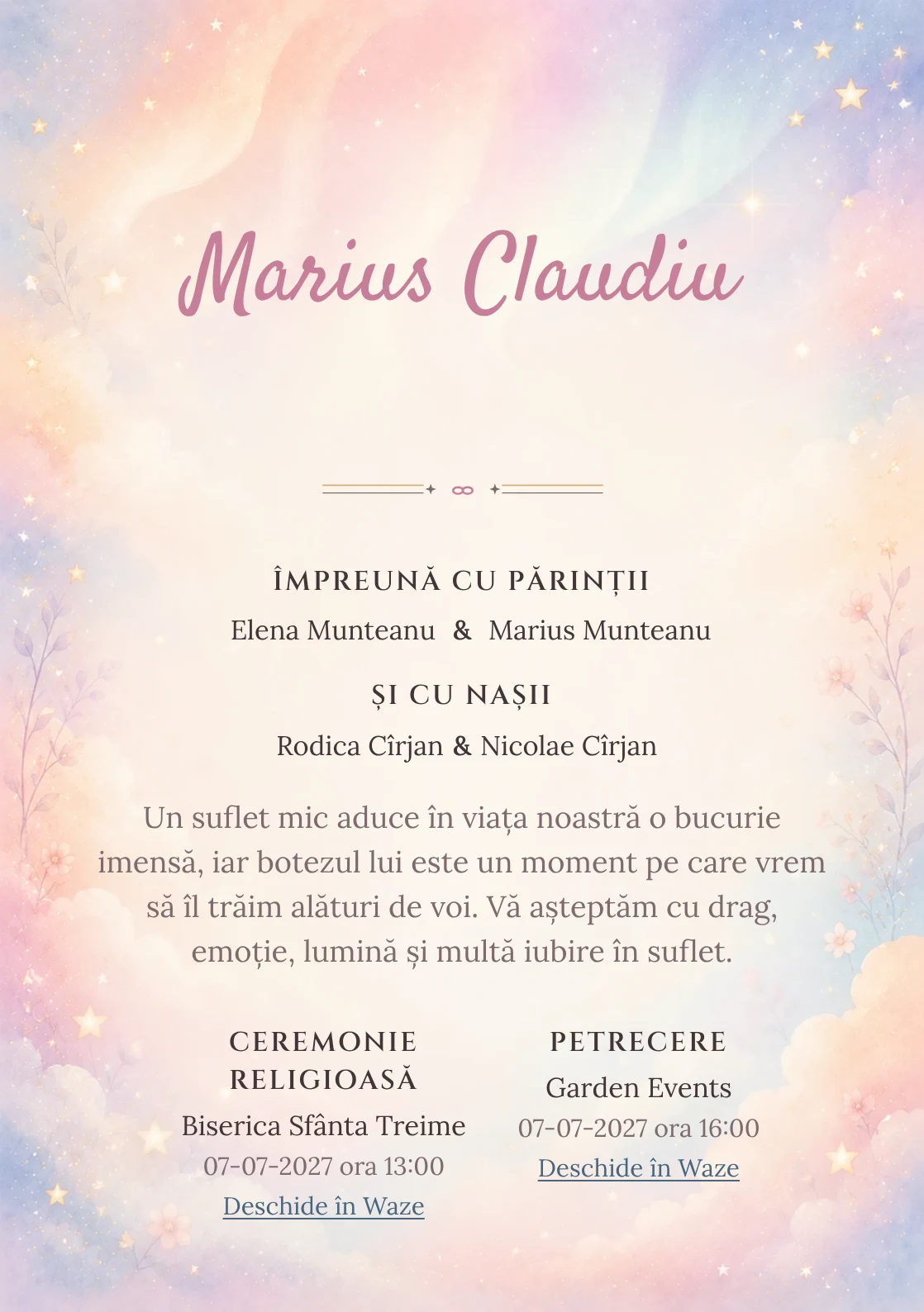 Invitație digitală de botez Aurora Copilăriei, fundal cu auroră pastel, piersică, roz-lila, bleu pal, nori moi și stele estompate și centru luminos pentru text