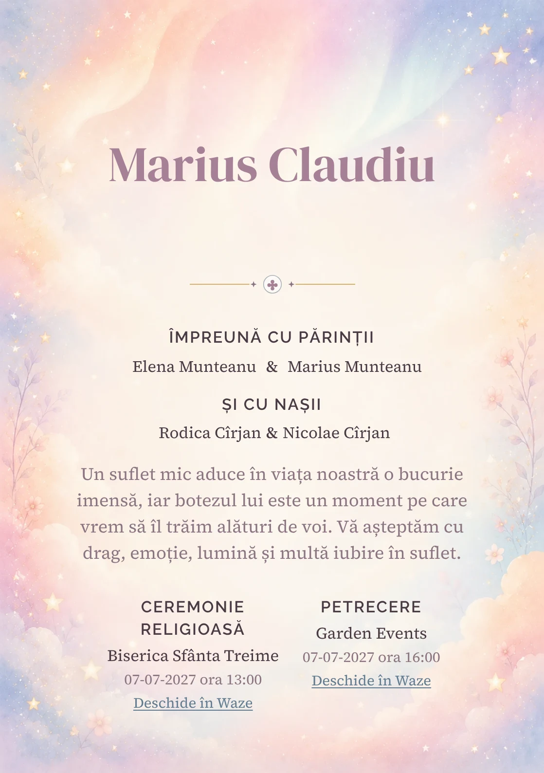 Invitație digitală de botez Aurora Copilăriei, fundal cu auroră pastel, piersică, roz-lila, bleu pal, nori moi și stele estompate și centru luminos pentru text