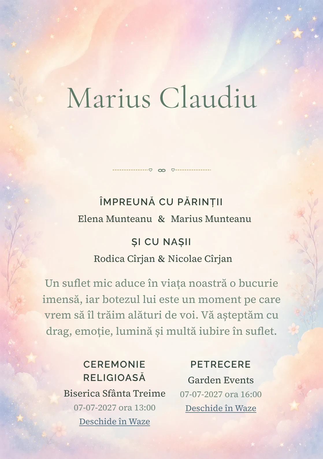 Invitație digitală de botez Aurora Copilăriei, fundal cu auroră pastel, piersică, roz-lila, bleu pal, nori moi și stele estompate și centru luminos pentru text
