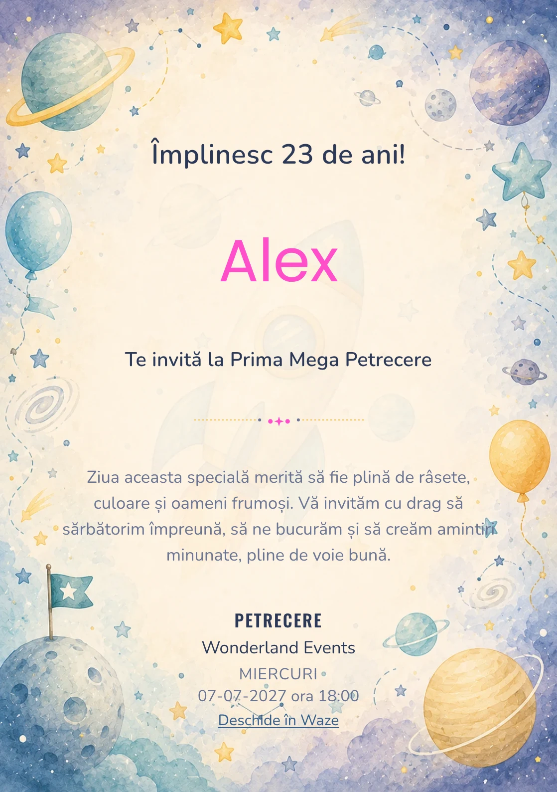 Invitație digitală de zi de naștere Aventură Spațială, fundal pastel cu rachetă, planete pastel și stele discrete