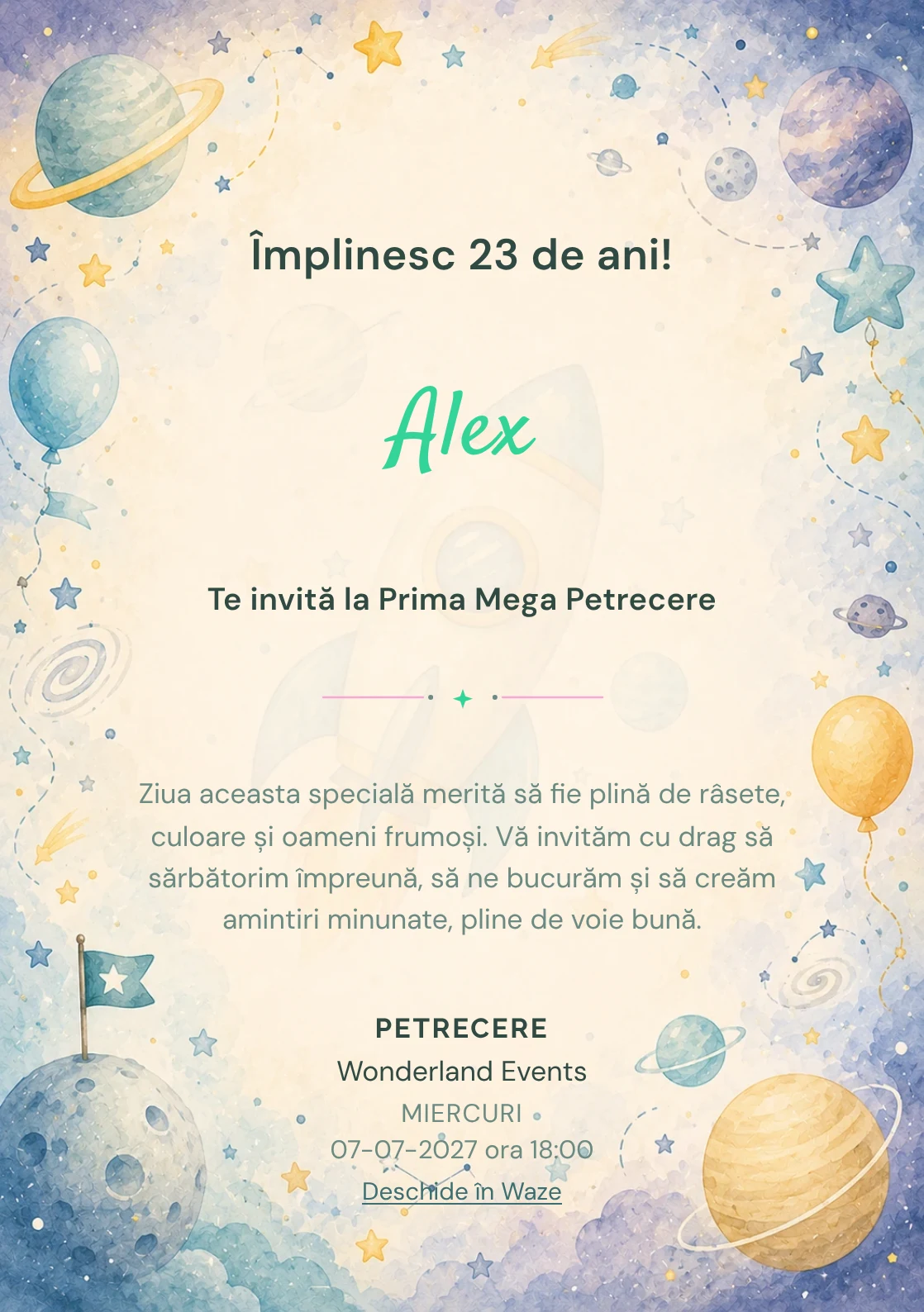 Invitație digitală de zi de naștere Aventură Spațială, fundal pastel cu rachetă, planete pastel și stele discrete