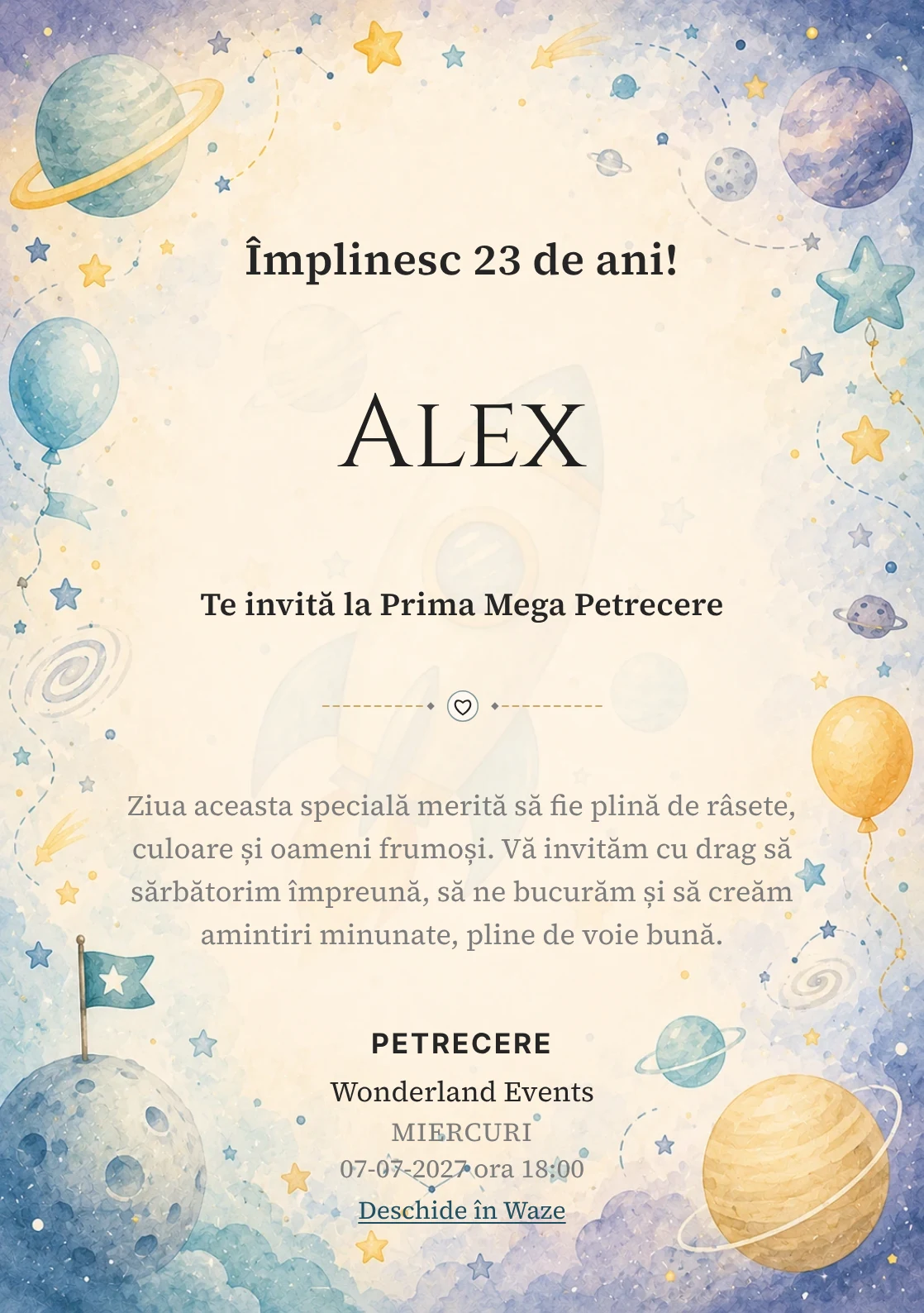 Invitație digitală de zi de naștere Aventură Spațială, fundal pastel cu rachetă, planete pastel și stele discrete