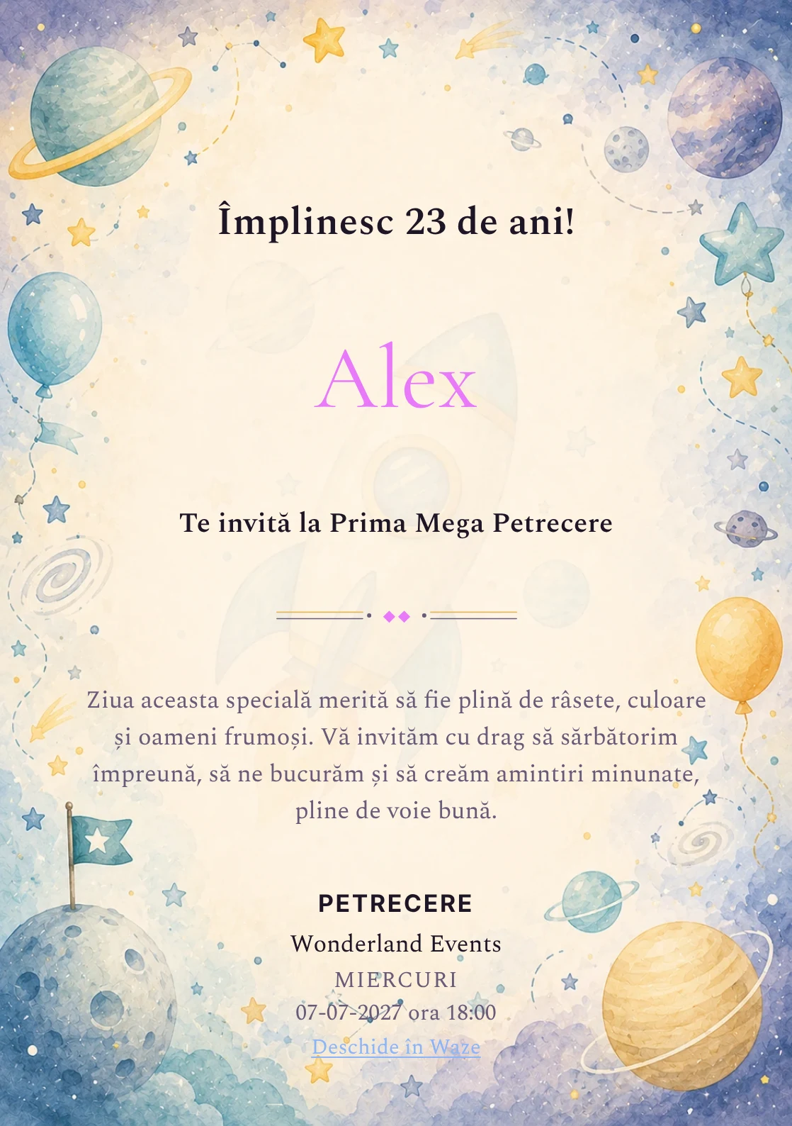 Invitație digitală de zi de naștere Aventură Spațială, fundal pastel cu rachetă, planete pastel și stele discrete