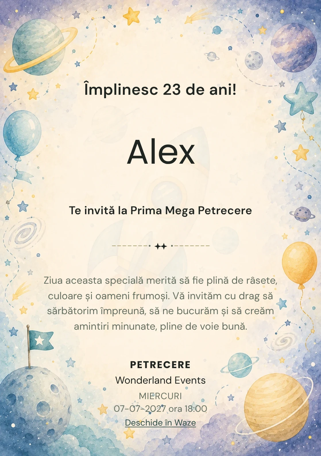 Invitație digitală de zi de naștere Aventură Spațială, fundal pastel cu rachetă, planete pastel și stele discrete
