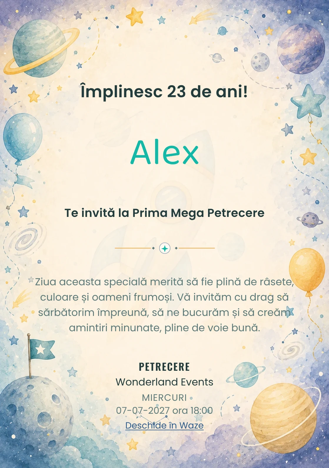Invitație digitală de zi de naștere Aventură Spațială, fundal pastel cu rachetă, planete pastel și stele discrete
