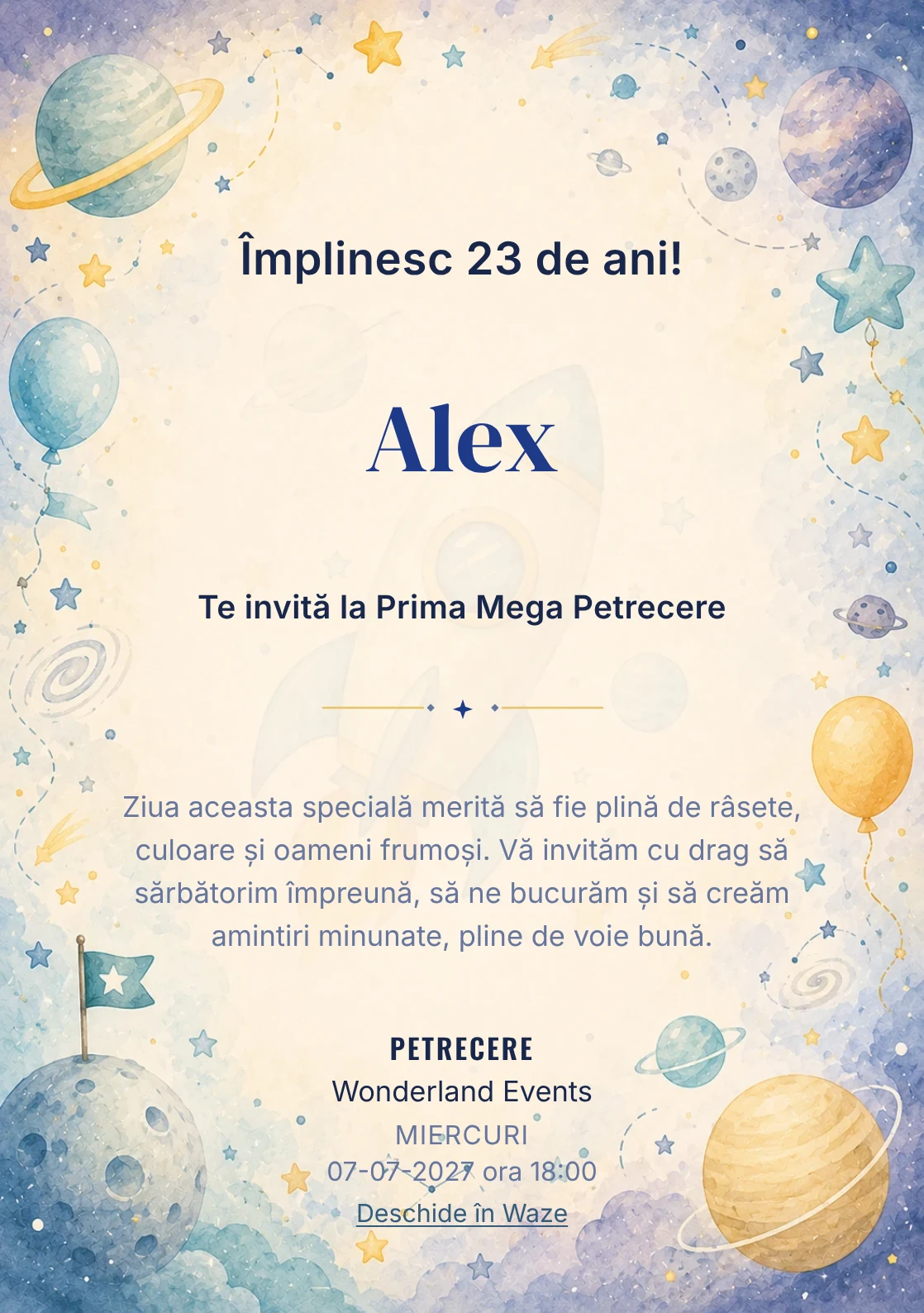 Invitație digitală de zi de naștere Aventură Spațială, fundal pastel cu rachetă, planete pastel și stele discrete