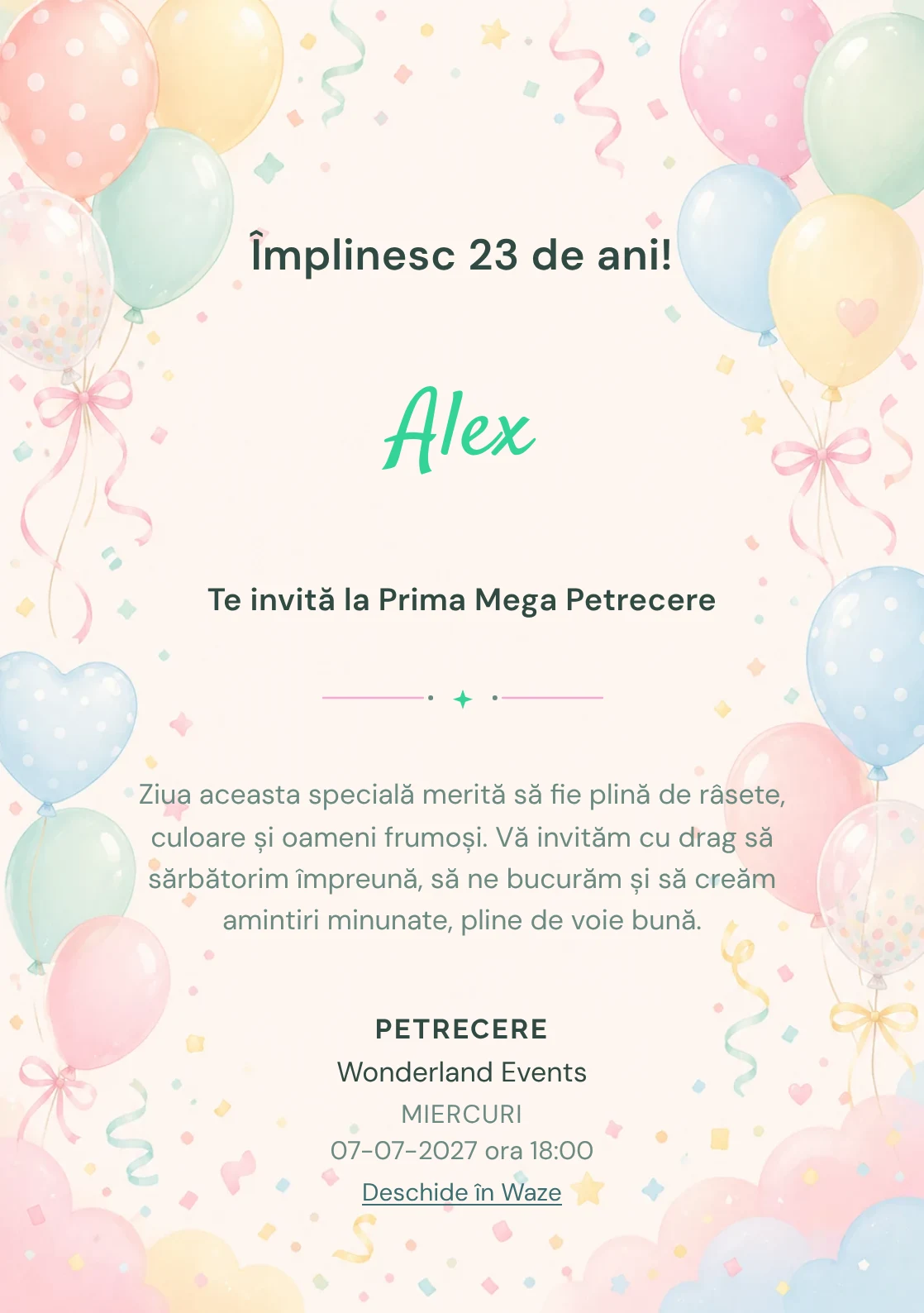Invitație digitală de zi de naștere Baloane Colorate, fundal pastel cu baloane pastel, panglici și confetti fin