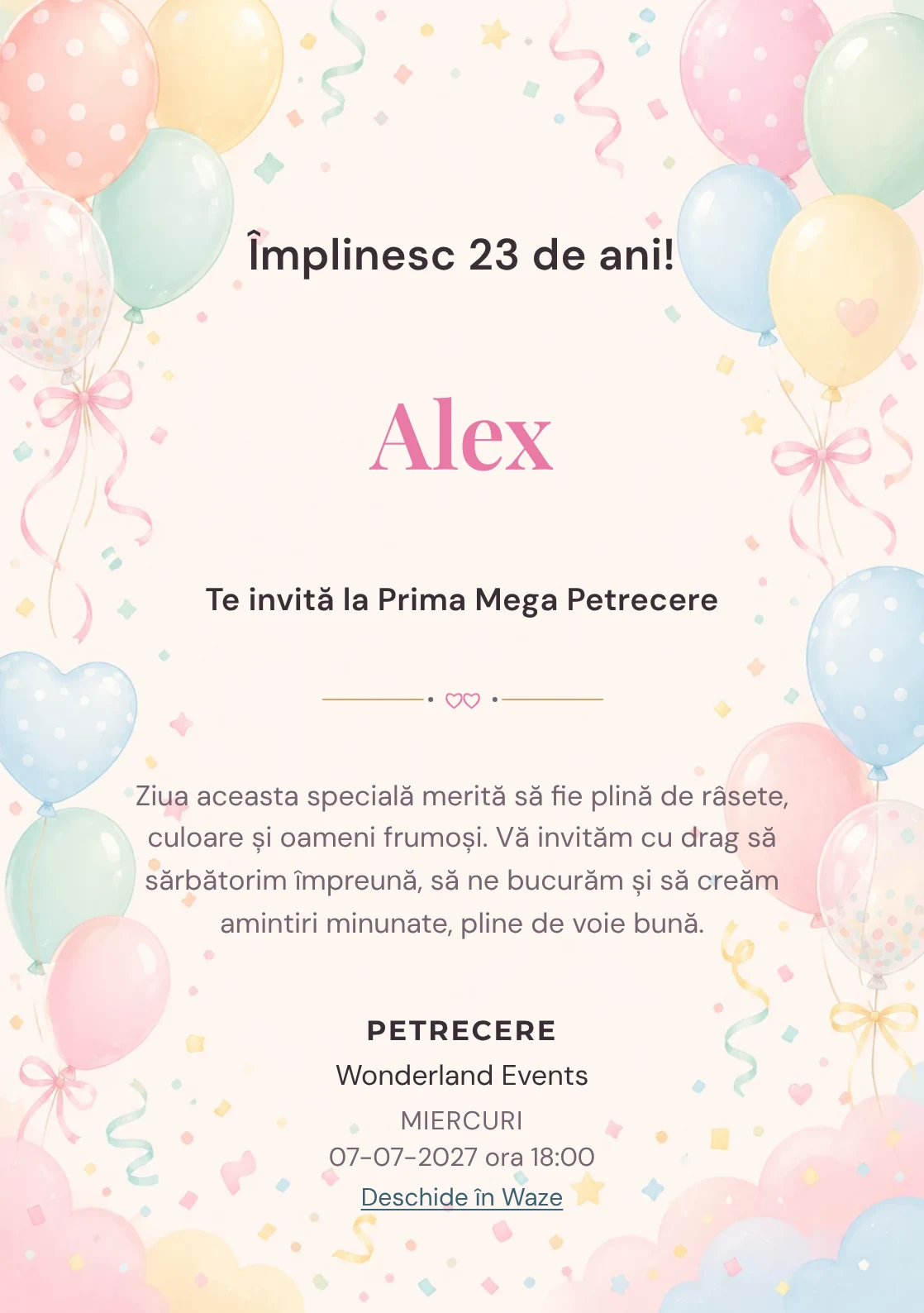 Invitație digitală de zi de naștere Baloane Colorate, fundal pastel cu baloane pastel, panglici și confetti fin