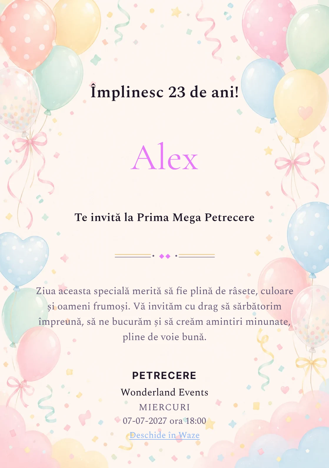 Invitație digitală de zi de naștere Baloane Colorate, fundal pastel cu baloane pastel, panglici și confetti fin