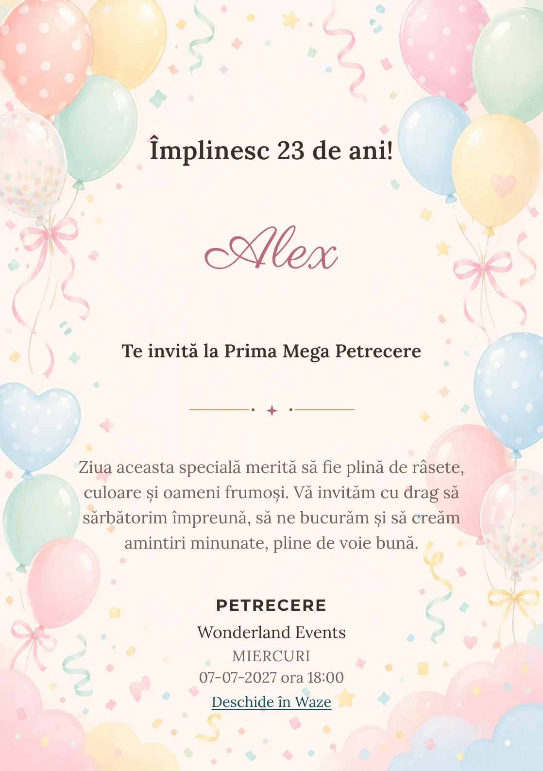 Invitație digitală de zi de naștere Baloane Colorate, fundal pastel cu baloane pastel, panglici și confetti fin