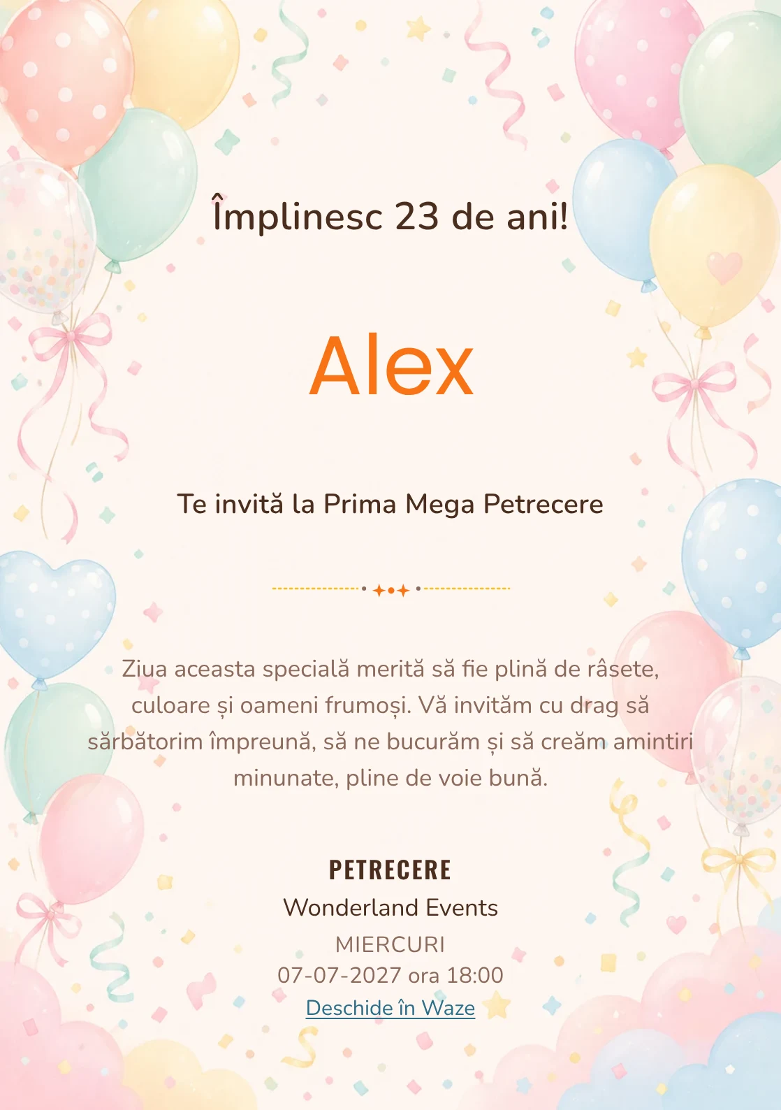 Invitație digitală de zi de naștere Baloane Colorate, fundal pastel cu baloane pastel, panglici și confetti fin