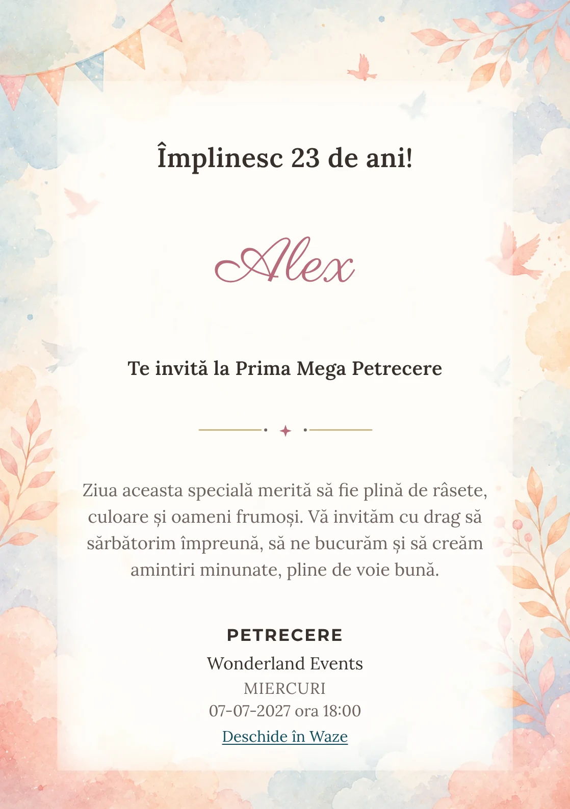 Invitație digitală de zi de naștere Balon cu Aer, fundal pastel cu balon cu aer cald, nori și păsări mici