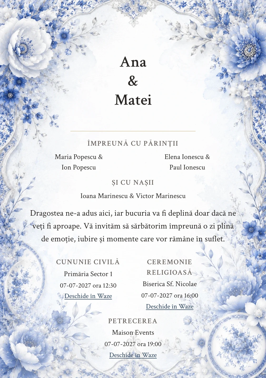 Invitație digitală de nuntă Blue Porcelain, fundal albastru porțelan, potrivit pentru pachetele Basic și Premium