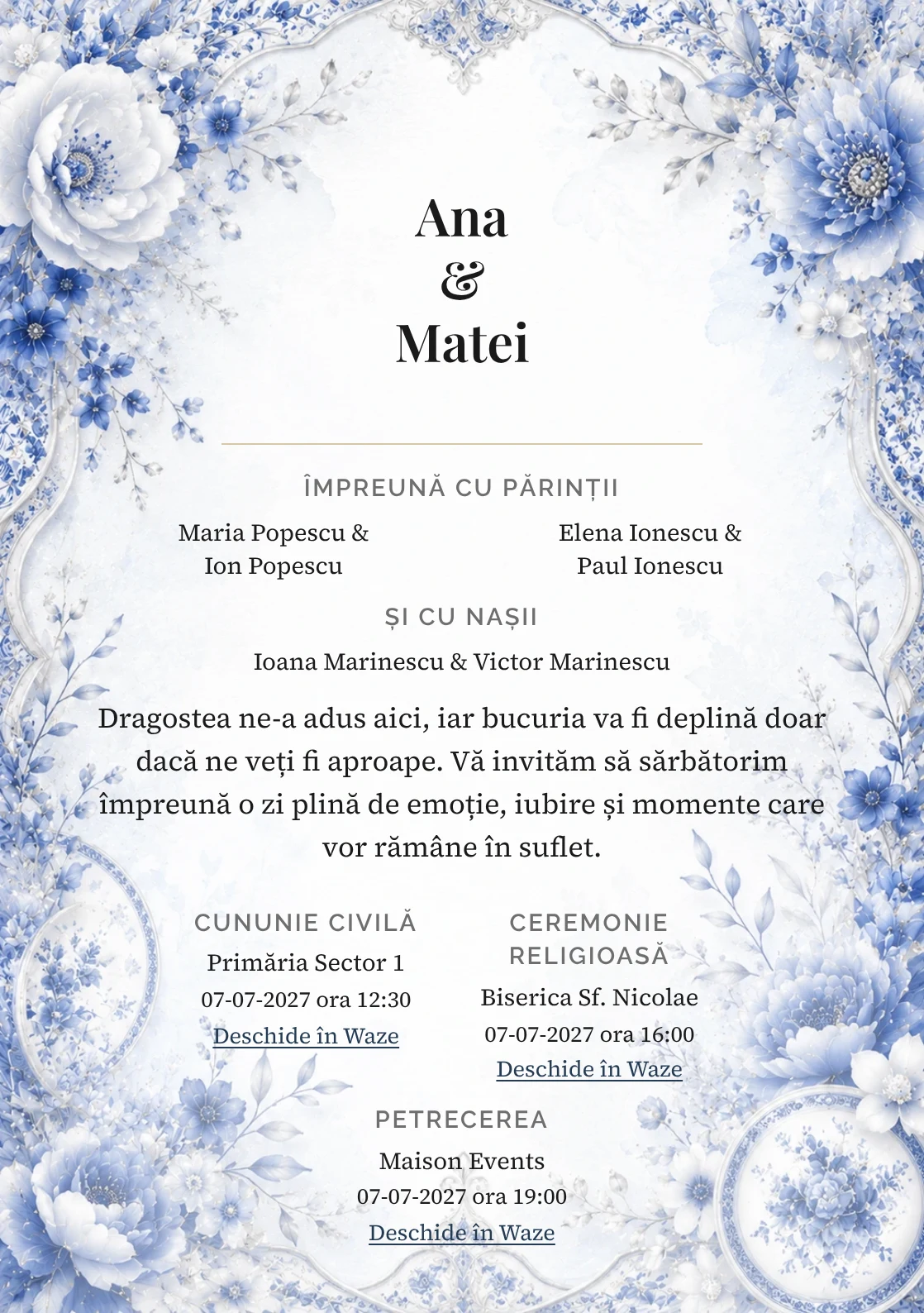 Invitație digitală de nuntă Blue Porcelain, fundal albastru porțelan, potrivit pentru pachetele Basic și Premium
