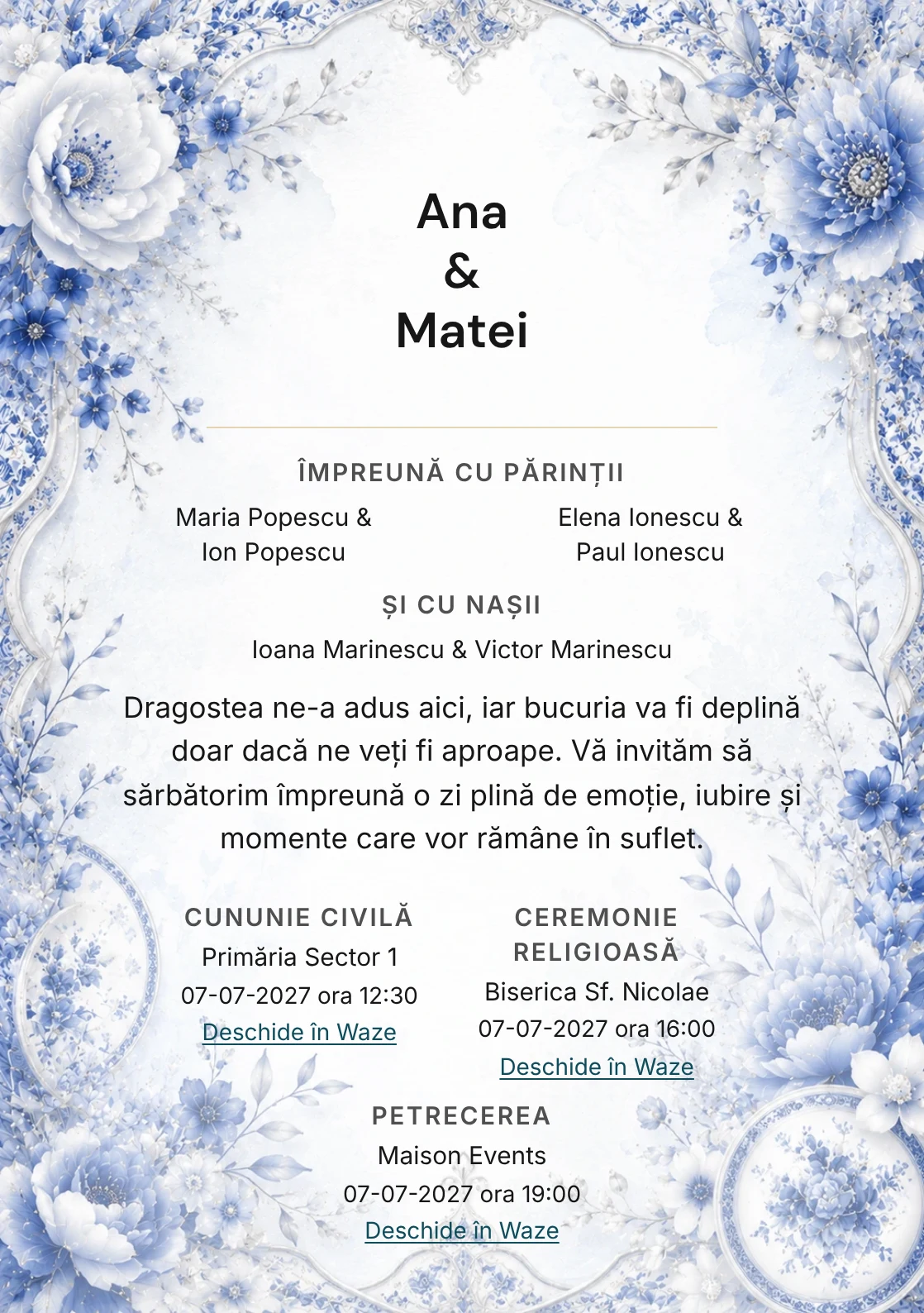 Invitație digitală de nuntă Blue Porcelain, fundal albastru porțelan, potrivit pentru pachetele Basic și Premium