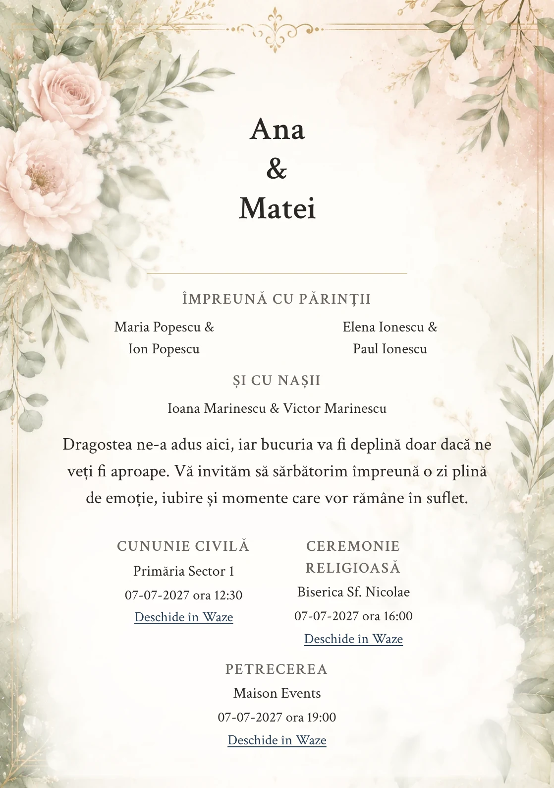 Invitație digitală de nuntă Blush și Salvie, fundal blush și salvie, potrivit pentru pachetele Basic și Premium