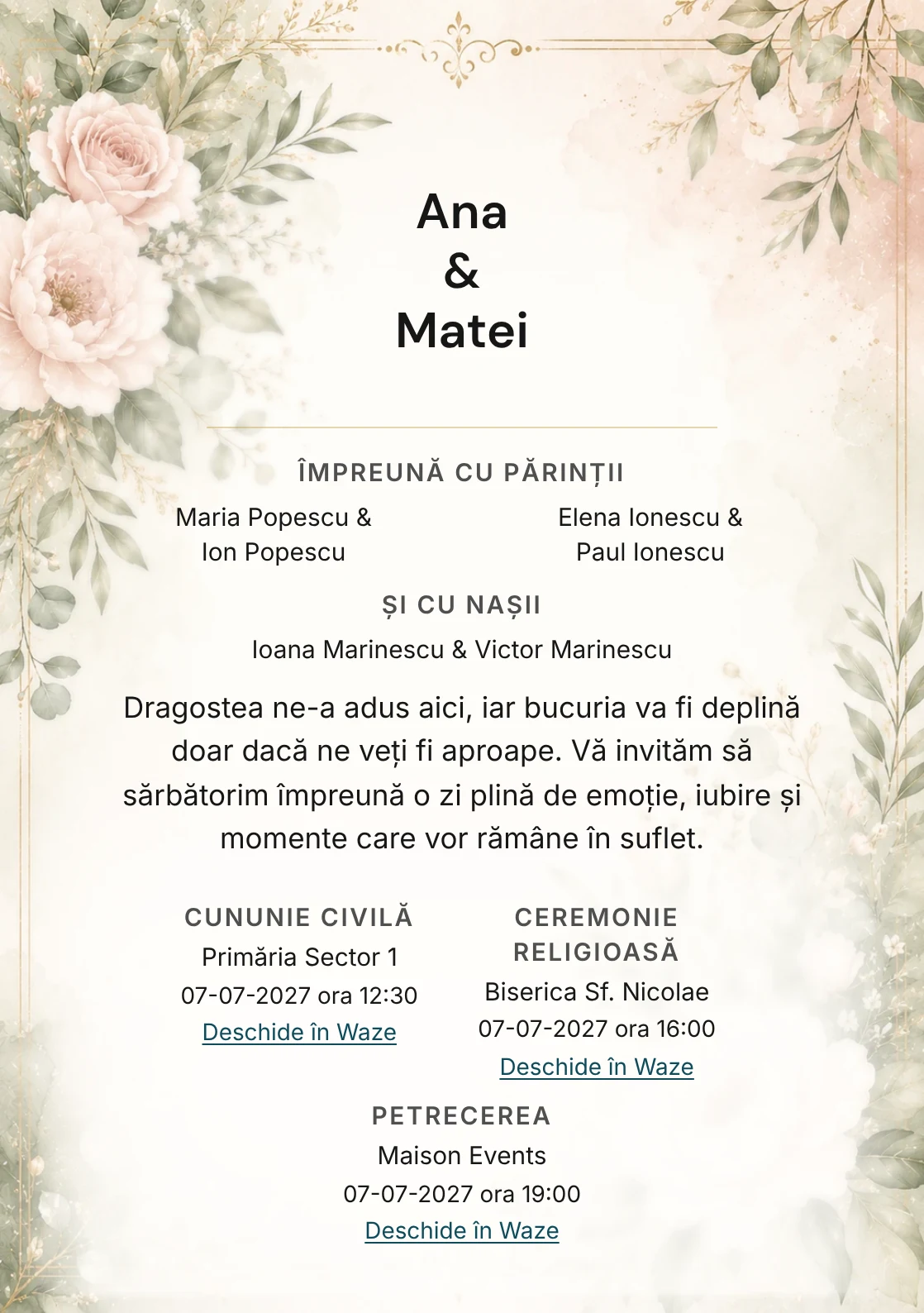 Invitație digitală de nuntă Blush și Salvie, fundal blush și salvie, potrivit pentru pachetele Basic și Premium