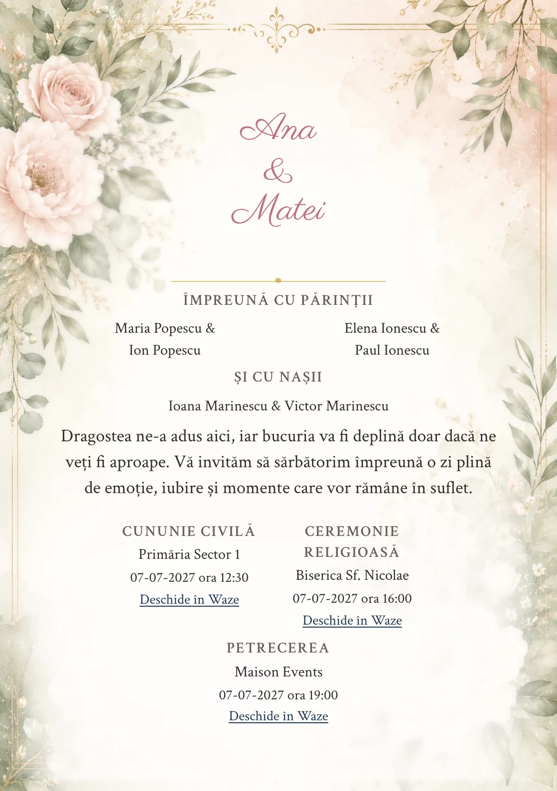 Invitație digitală de nuntă Blush și Salvie, fundal blush și salvie, potrivit pentru pachetele Basic și Premium