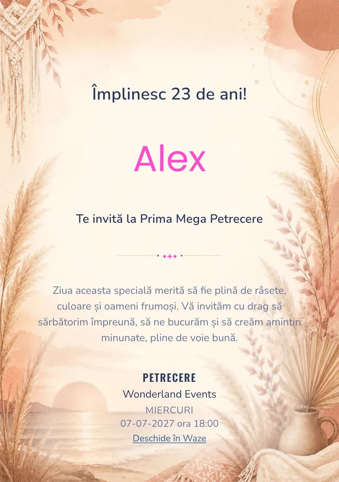 Invitație digitală aniversară Boho Sunset, fundal premium cu pampas, apus boho și tonuri terracotta